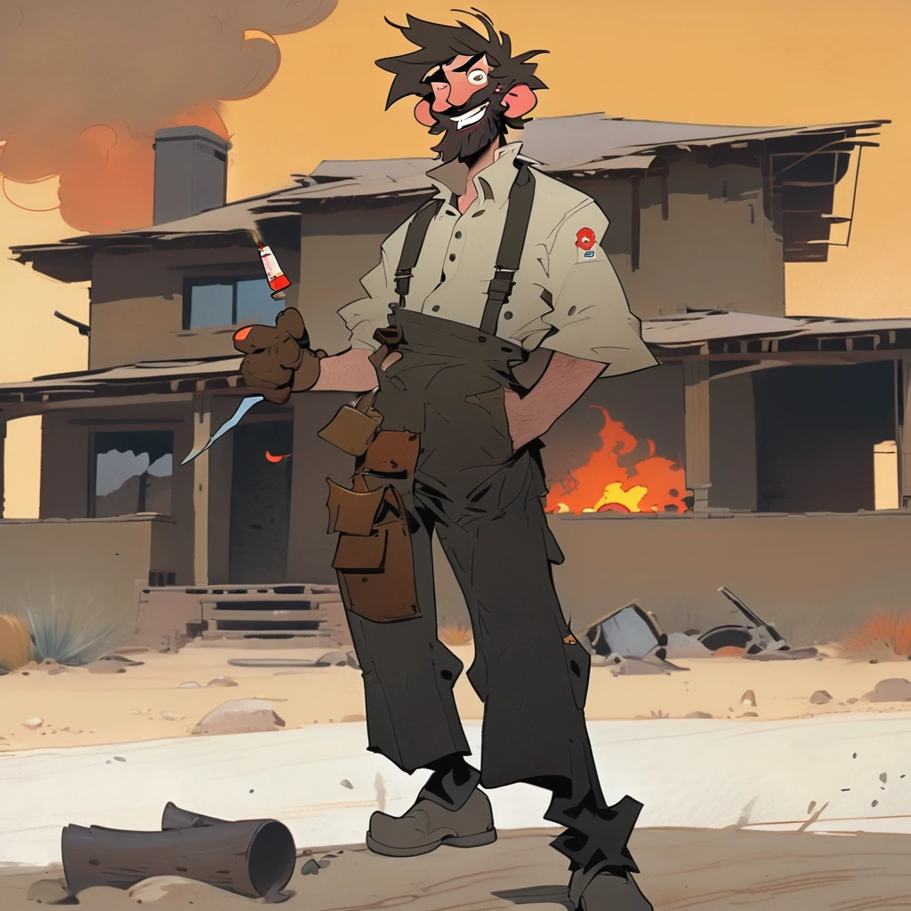 1man, Western, black wavy Messy hair, burnt hair, Leather apron, White button-down shirt, black pants patched, Failed beard, young adult, Thin, full body, Holding a Dynamite bomb, outside a house in the desert, Dirty with soot, Laughing, explosives, dynamite, Hunchback, Poorly groomed beard, failed beard, Glove, ashes,