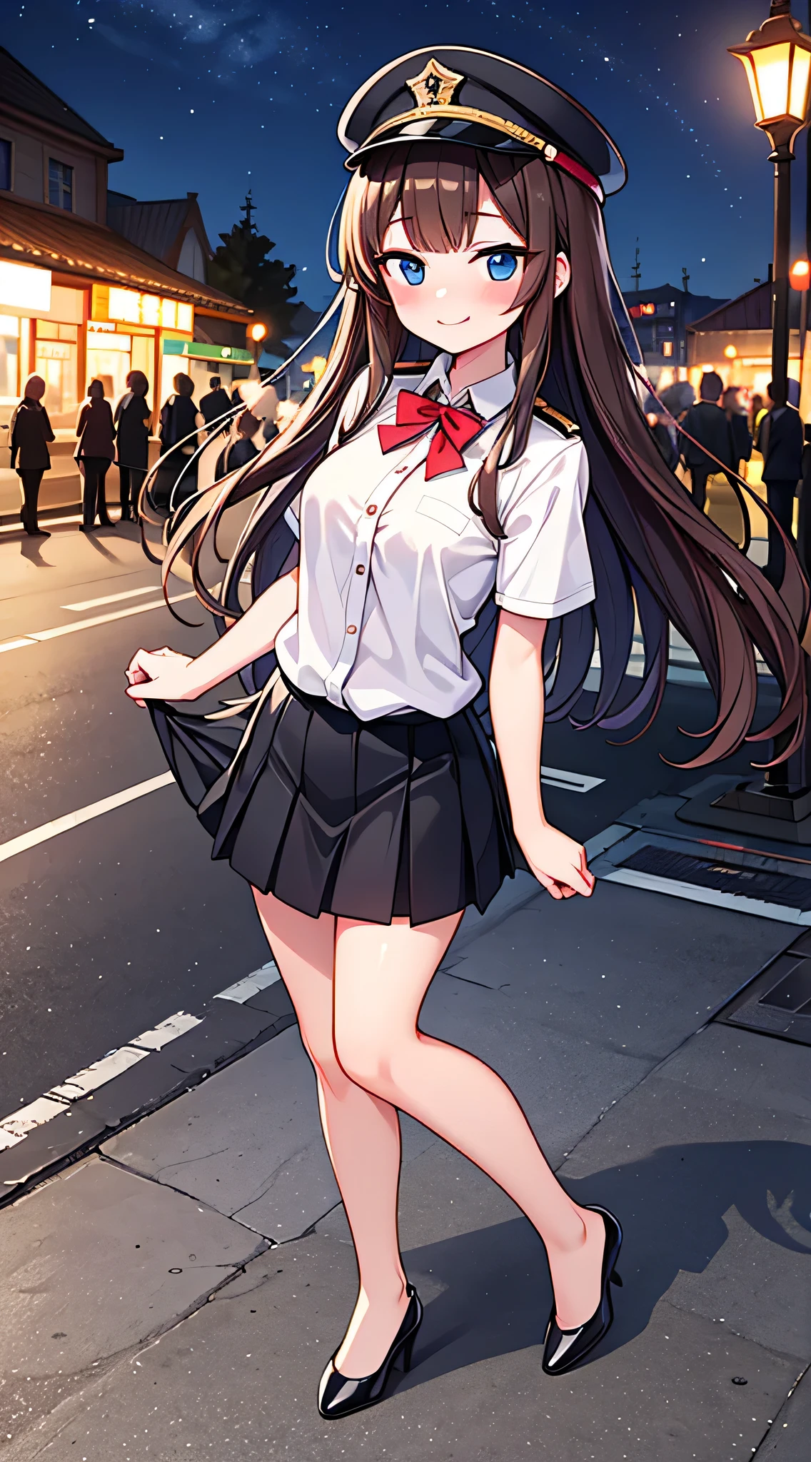 {Highest quality}, {Super beautiful},{Ultra fine},{Best illustration},Brown Hair,Hime cut,semi-long,Bangs,Standing Woman,Uniform cap,White Shirt,Short sleeve,Long black skirt,Night Park,Embarrassed,smilingly,Blushing,Slender women, A woman wearing plain black pumps,Bare feet and pumps,From an angle,From above