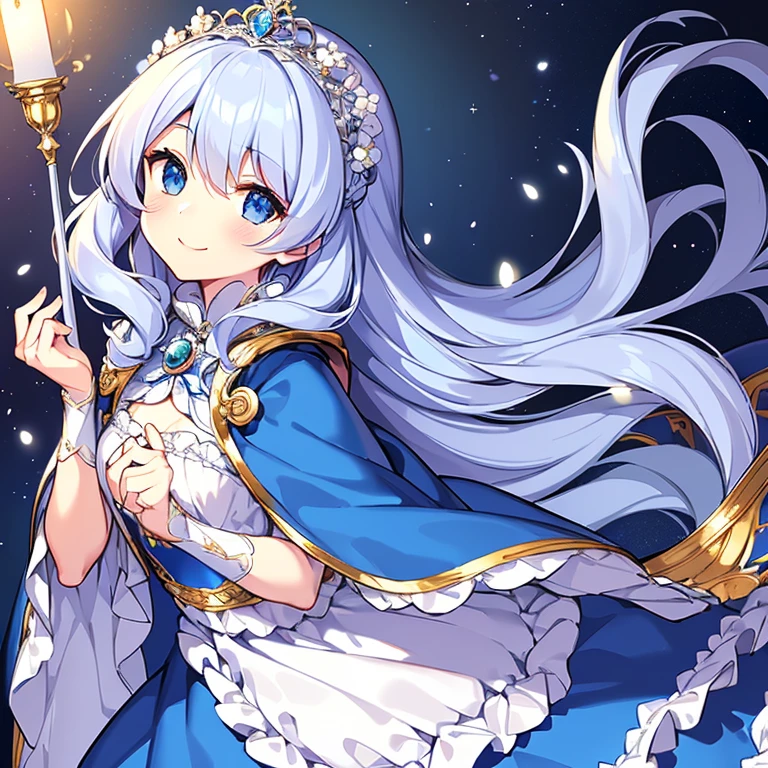 looking at viewer, upper body,(moe),(masterpiece),(best quality),(rococo style),(long train blue cape:1.15), very long cape,(long train white ball gown with flower decorations:1.1), a girl is wearing a cape over her gown, 1 little princess, tiara, smile, very long hair, small breasts