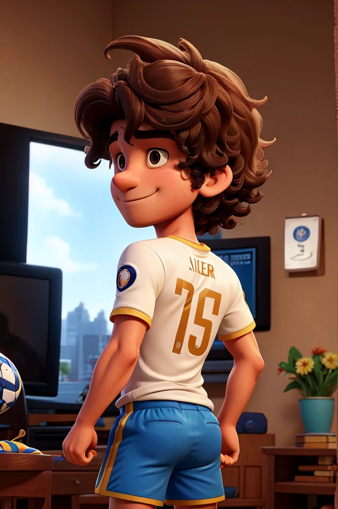 22-year-old man with wavy hair wearing the Colombia national team shirt and on the back it says Sneider and he is watching the soccer game on a television 