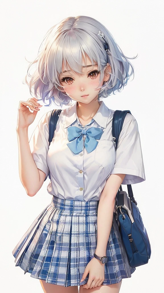 Anime girl with blue bag and handbag, anime visual of a cute girl, cute anime girl, a hyperRealistic school girl, Anime Moe Art Style, Realistic school girl, hyperRealistic school girl, Beautiful anime school girl, Kantai Collection Style, Young Anime Girl, Smooth anime CG art, cute , Girl with short white hair, Walking scene
