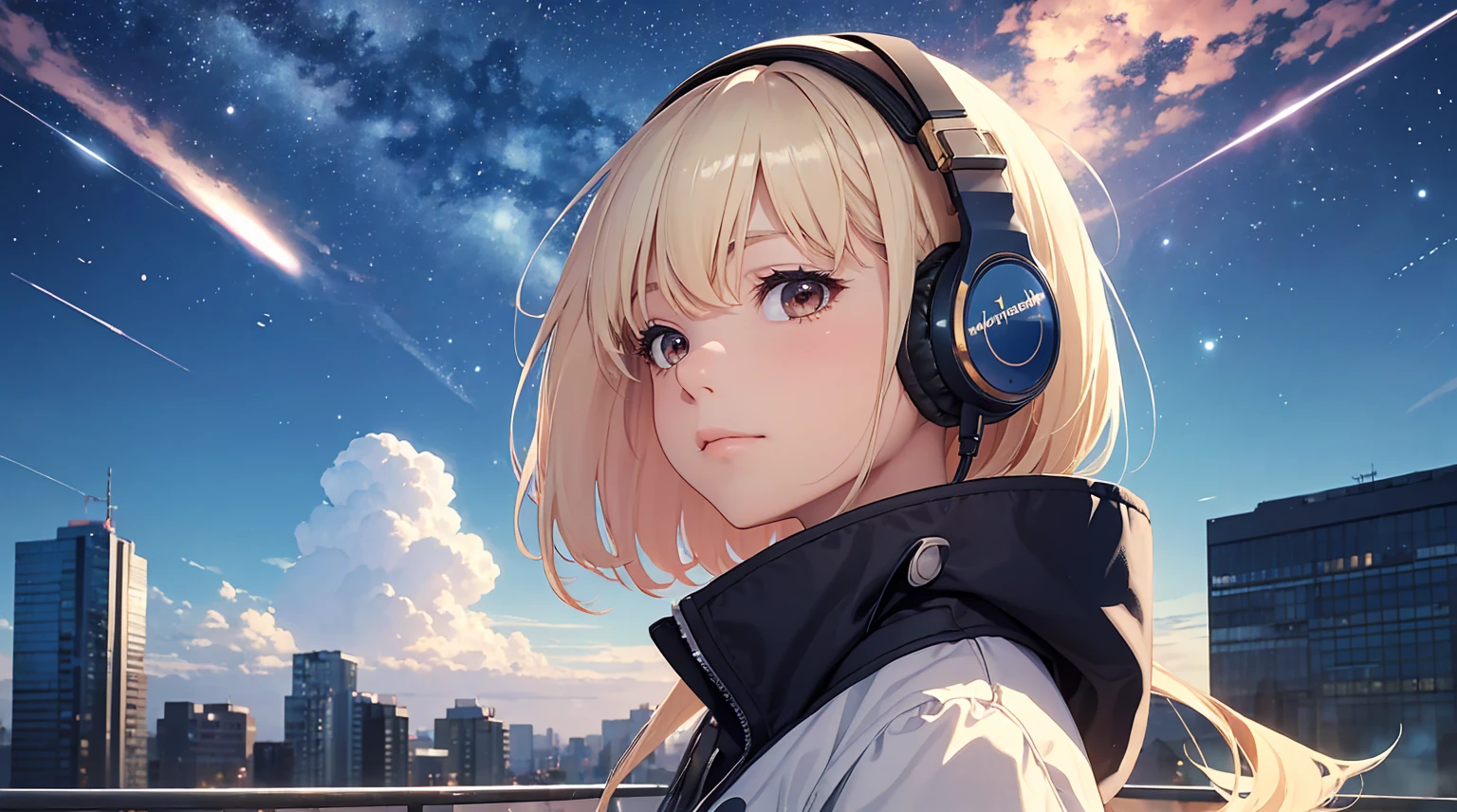 ((masterpiece)),(((bestquality))),((ultra-detailed)),octans, sky, star (sky), scenery, starry sky, night, 1girl, wearing headphone,stands on the rooftop, night sky, solo, outdoors, building, cloud, milky way