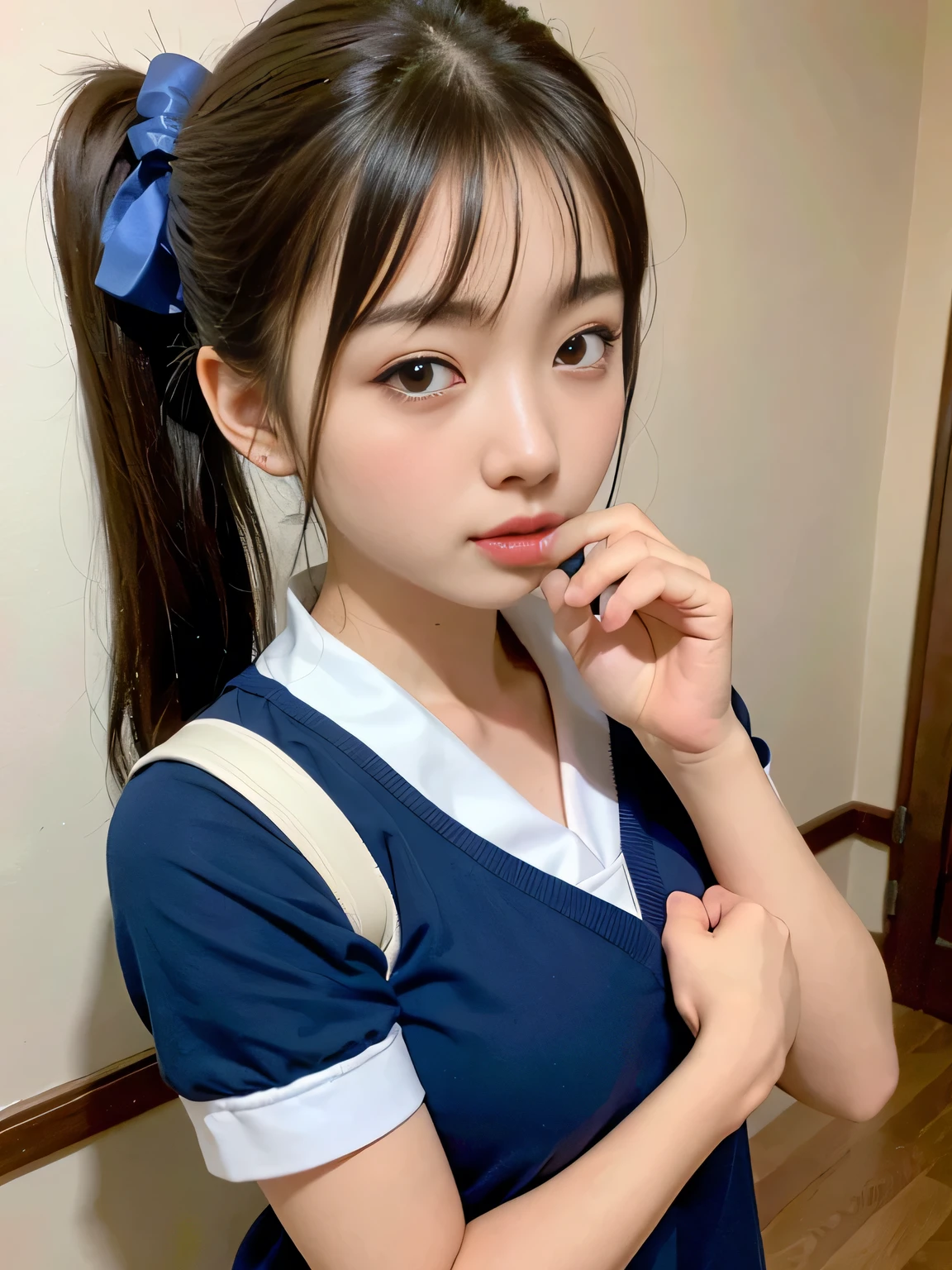 (masterpiece:1.3)、Very fine finish、(High resolution、8K:1.3)、(Highest quality)、(Ultra-realistic as a photo:1.3)、Correct limbs、Anatomically correct, The face is in focus、(Face close-up:1.3)、 Ultra High Resolution Face、The face is in focus、Ultra high definition and beautiful eyes、Concentrated eyes、Eyes are symmetrical:1.3、High quality and beautiful skin、Firm Skin、Ultra HD Hair Texture、Japanese women、19 years old、Short Ponytail、very cute, Half Up:1.3, high school girl、high school girl break (Short-sleeved high school girl uniform、Short-sleeved sailor suit:1.3), (Embarrassing:1.3), (blush:1.3), (Troubled expression:1.3), Mr..々Shooting angle:1.3, View your viewers, Browsing Caution, Licking fingers、Red Wall