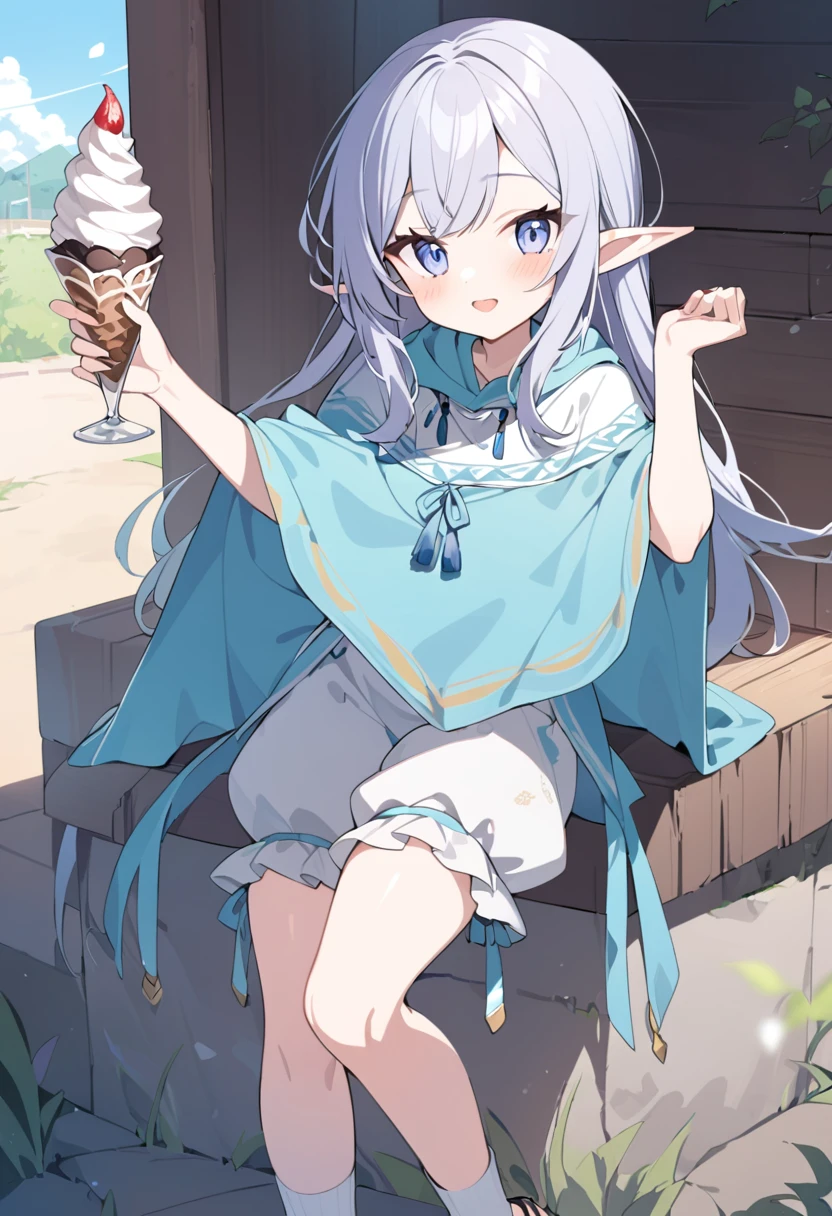 1girl((a girl,elf 1.5meters, 25kg,18 years old female, 
((tunic,poncho,(loose pants,bloomers),thigh-high socks, sandals),　（（eat soft serve ice cream））
