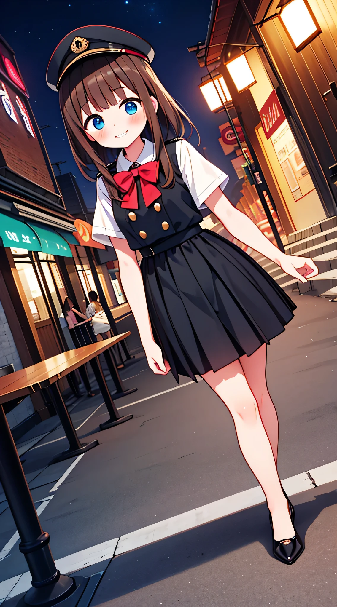 {Highest quality}, {Super beautiful},{Ultra fine},{Best illustration},Brown Hair,Hime cut,semi-long,Bangs,Standing Woman,Uniform cap,White Shirt,Short sleeve,Long black skirt,Night Park,Embarrassed,smilingly,Blushing,Slender women, A woman wearing plain black pumps,Bare feet and pumps,From an angle,From above