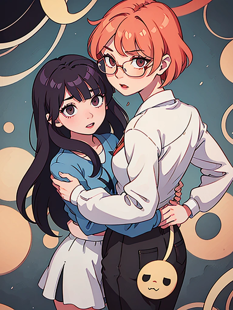 In manhwa art style young adult Korean woman 24s. Her haircut is hime cut with bangs and ginger color. Her face is oval , which carry a hopefully and cool face. Her skin is radiant and clear, and her lips is red pink. Brown color eyes are captivating and beautiful. She is wearing a black pants and blue long-sleeved and glasses blouse while inside his photographic studio