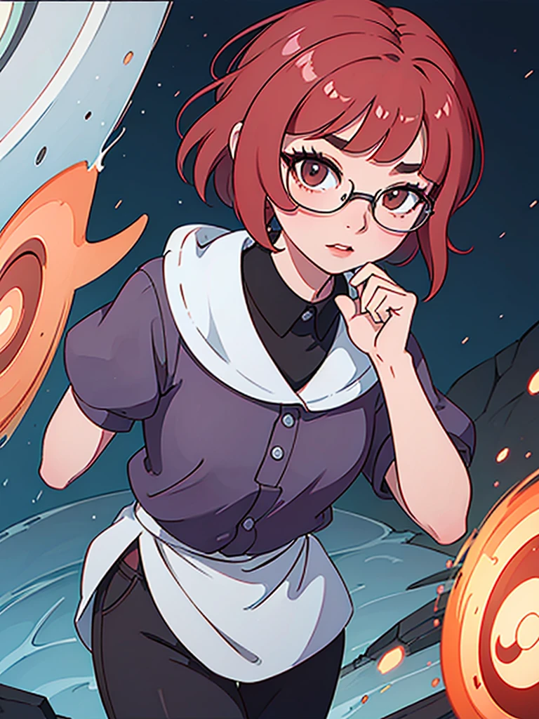 In manhwa art style young adult Korean woman 24s. Her haircut is hime cut with bangs and ginger color. Her face is oval , which carry a hopefully and cool face. Her skin is radiant and clear, and her lips is red pink. Brown color eyes are captivating and beautiful. She is wearing a black pants and blue long-sleeved and glasses blouse while inside his photographic studio