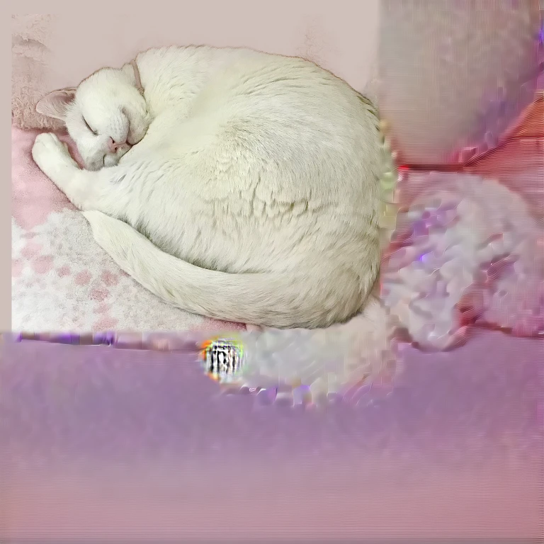 there is a white Cat curled up sleeping on a pink blanket, white Cat, white Cat in a pink dress, Cat sleeping, with white fluffy fur, portrait of a white Cat, white ( Cat ) girl, the Cat is fluffy, whole Cat body, He is very relaxed, smooth translucent white skin, Soft and fluffy, Leaning on the pillow