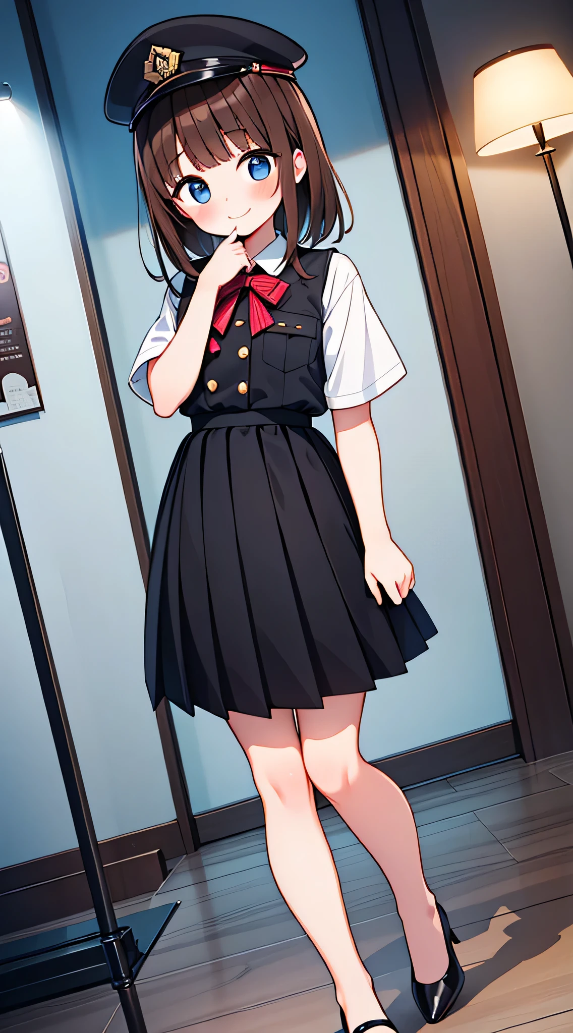 {Highest quality}, {Super beautiful},{Ultra fine},{Best illustration},Brown Hair,Hime cut,semi-long,Bangs,Standing Woman,Uniform cap,White Shirt,Short sleeve,Long black skirt,Night Park,Embarrassed,smilingly,Blushing,Slender women, A woman wearing plain black pumps,Bare feet and pumps,From an angle,From above