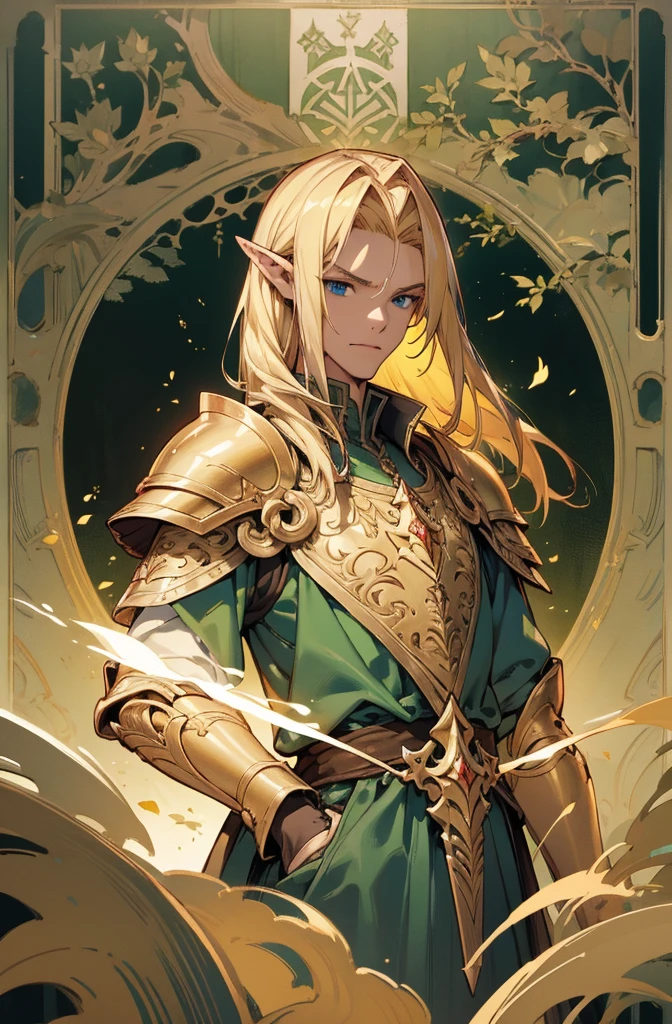 masterpiece, best quality, ultra high resolution, 1man, elven armor, male, fantasy illustration, elf, pointy ears, (old man), art by Kinema Citrus, (dirty blonde hair), blue eyes