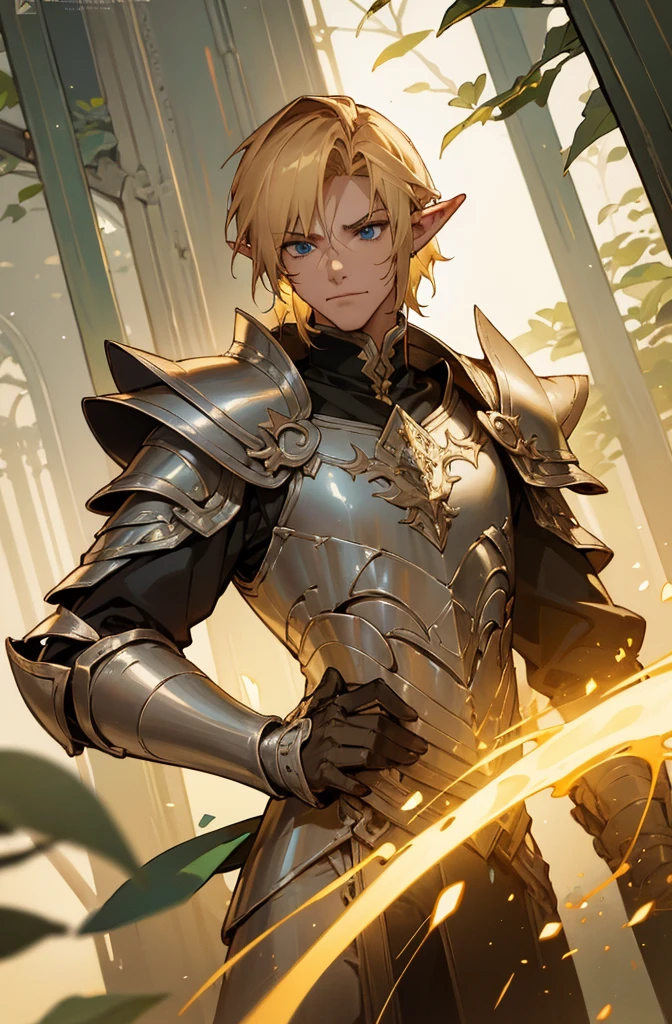 masterpiece, best quality, ultra high resolution, 1man, elven armor, male, fantasy illustration, elf, pointy ears, (old man), art by Kinema Citrus, (dirty blonde hair), blue eyes