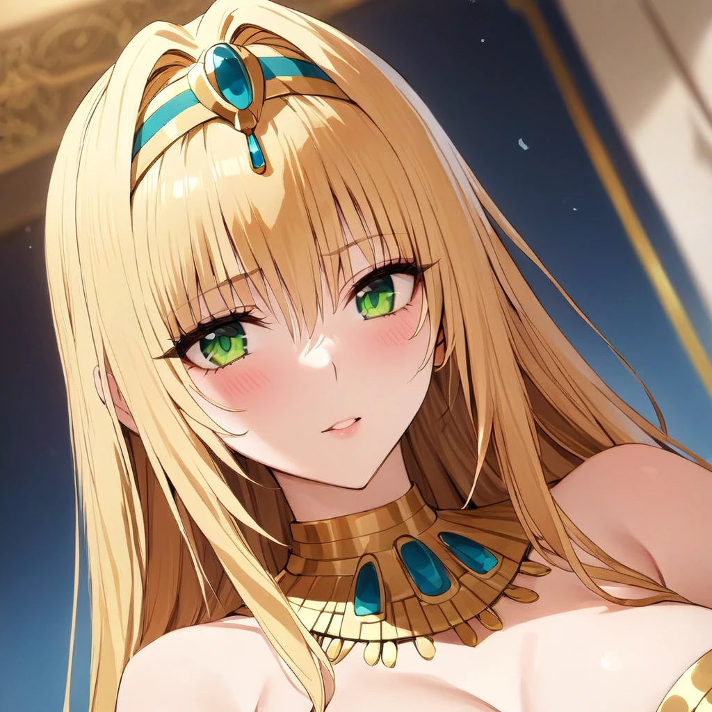 ((Highest quality)), ((masterpiece)), (detailed), （Perfect Face）、The woman is Tiare, with green eyes, medium-long blonde hair, and is dressed like a pharaoh.