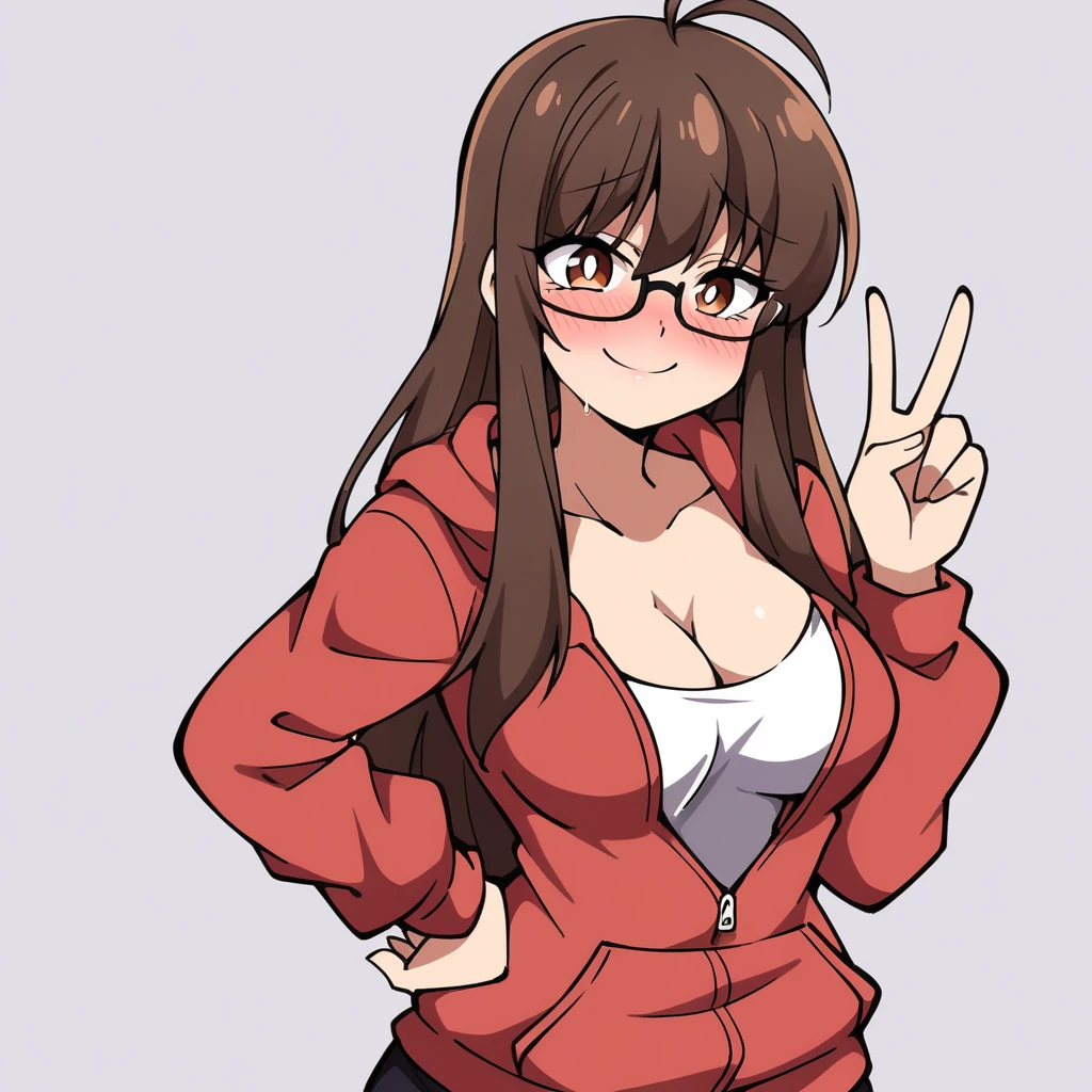 (mix1), anime art style, 2d, masterpiece, best quality, very aesthetic, absurdres, dynamic shadows, atmosferic, (1girl), (brown hair), antenna hair, long hair, brown eyes, eyeslashes, detailed eyes, glasses, ahoge, bangs, medium breasts, cleavage, collarbone, makeup, intense blush, red hoodie, white shirt, open clothes, sexy smile, standing, v, hands on own hip, (upper body), from side, looking at viewer, simple background, white background