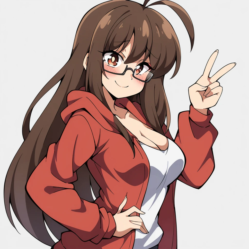 (mix1), anime art style, 2d, masterpiece, best quality, very aesthetic, absurdres, dynamic shadows, atmosferic, (1girl), (brown hair), antenna hair, long hair, brown eyes, eyeslashes, detailed eyes, glasses, ahoge, bangs, medium breasts, cleavage, collarbone, makeup, intense blush, red hoodie, white shirt, open clothes, sexy smile, standing, v, hands on own hip, (upper body), from side, looking at viewer, simple background, white background