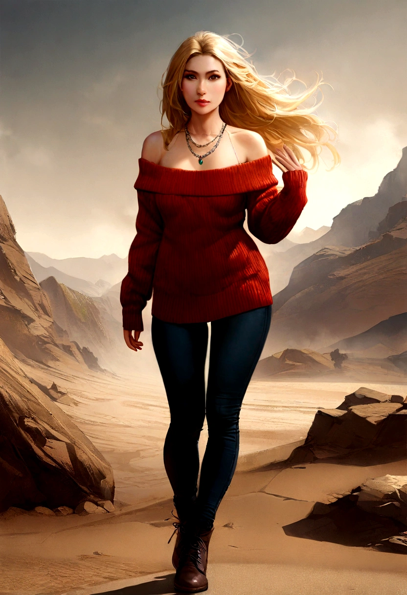 1girl in, age19, Solo, Long hair, Colossal , Looking at Viewer, blondehair, Bare shoulders, Brown eyes, jewely, Full body, a necklace, off shoulders, Sweaters, Realistic, A sexy in bech