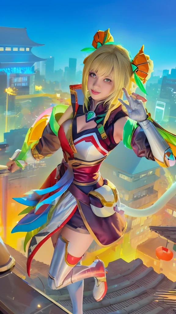 The image features a female character with a sleek, futuristic design. She has a large, stylized bow on her head, and her outfit includes a skirt and armor with a color scheme that includes shades of yellow, blue, and red. She is posed in a dynamic manner, with her hand raised in a peace sign and her head tilted to the side. The background consists of a vibrant, neon cityscape at night.