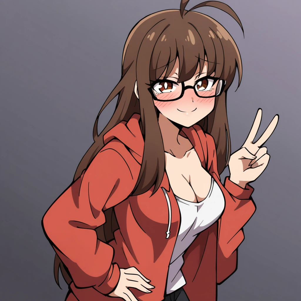 (mix1), anime art style, 2d, masterpiece, best quality, very aesthetic, absurdres, dynamic shadows, atmosferic, (1girl), (brown hair), antenna hair, long hair, brown eyes, eyeslashes, detailed eyes, glasses, ahoge, bangs, medium breasts, cleavage, collarbone, makeup, intense blush, red hoodie, white shirt, open clothes, sexy smile, standing, v, hands on own hip, (upper body), from side, looking at viewer, simple background, white background