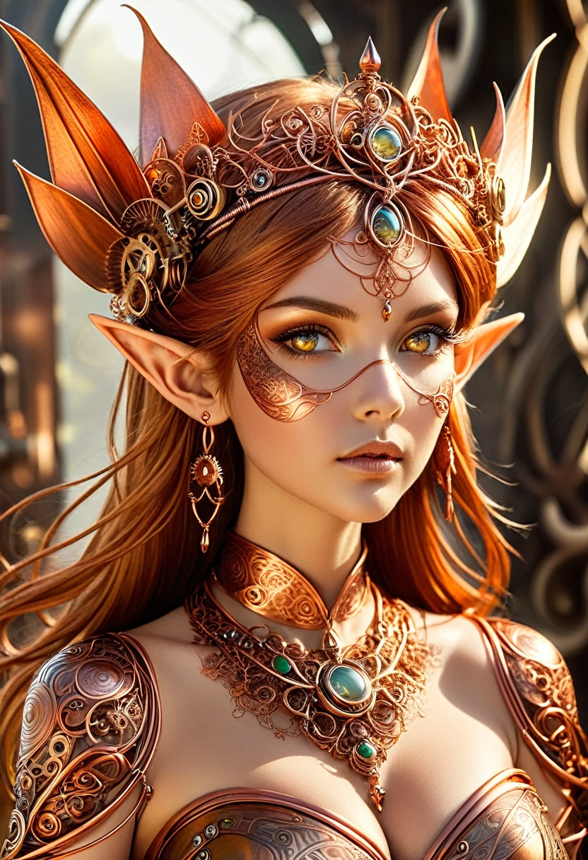 Steampunk elven princess. copper wire necklaces and bangles. Crown of fine copper wire. copper coloured tatoos cover her face and body intricate and beautiful designs. LArge pointed ears that end in curlicues. Hands on hips. Ember colored eyes adorned with intricate copper wireing..