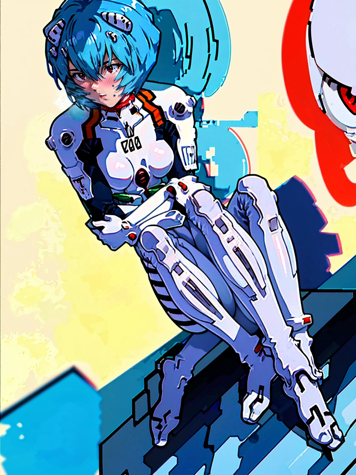 ((Highest quality, 8k wallpaper)),(masterpiece, Highest quality),Very detailed,High resolution,(Official Art:1.3),(((Anime screenshots,Black outline))),One girl,alone, Break mer1,(Rei Ayanami {Neon Genesis Evangelion,}1.2),masterpiece, best quality, outdoor, 1girl, Solo,red eyes,short hair,blue hair, (White plug suit:1.4), skin tight,(backlight, shaded face, cross-eyed, rolling eyes, empty eyes, jitome, raised eyebrows, one eye closed:1.3),(((Covered in sweat, Mass sweat, Sweating profusely,steam,:1.7))), (((fighting stance, knees together feet apart, leaning forward, holding own arms, bent legs:1.8))),(((独奏, cowboy shot:1.7))), 