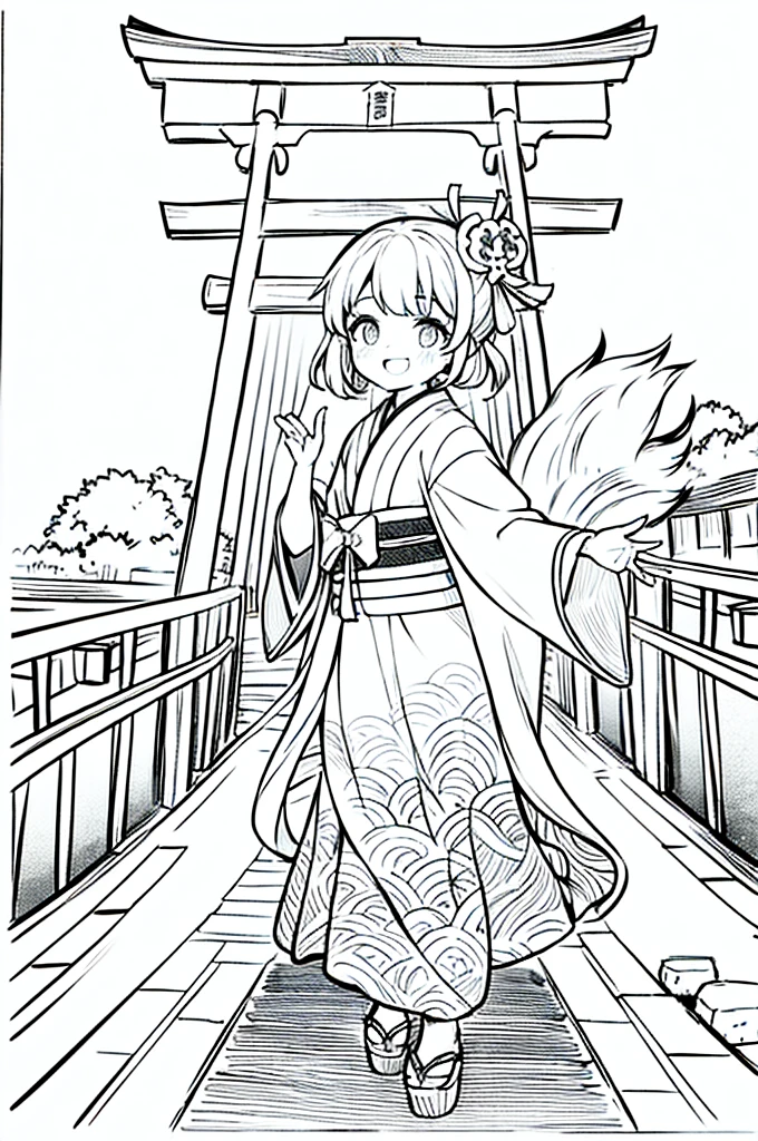As a coloring book, the color should be black and white, the border should be simple, clear, and bold. A cheerful Asian girl with bright eyes and a mischievous smile is playfully posing in front of the iconic [Fushimi Inari-taisha Shrine] in Kyoto, Japan. She is dressed in a vibrant [kimono with fox pattern], the bold orange and white colors complementing the vermilion torii gates that line the path. The girl's hands are clasped in a playful gesture, and her hair is adorned with a traditional [kanzashi hair ornament].