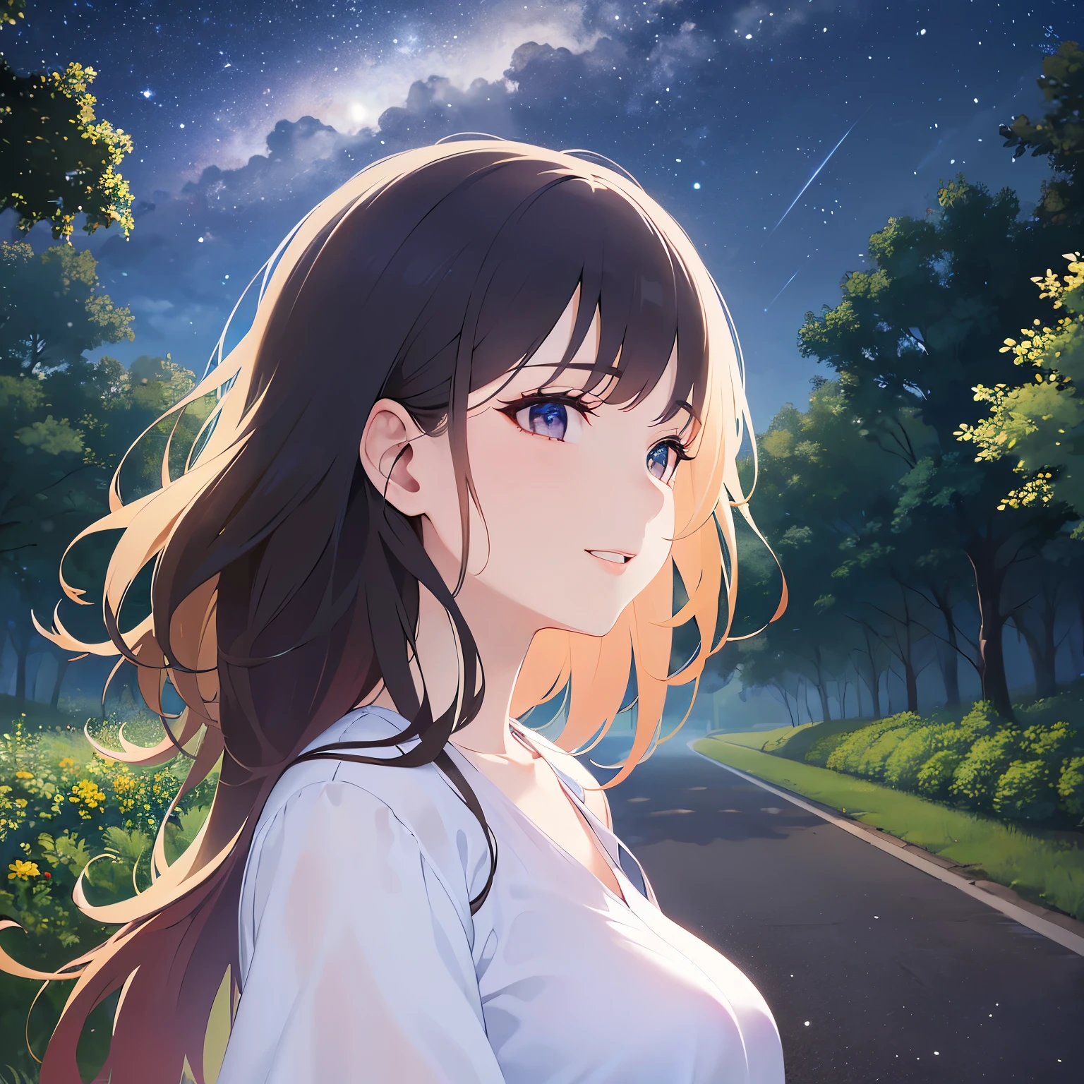 look far away,upper body,profile、
Realistic, real person, (pale skin: 1.2), RAW photo, photorealistic, shiny skin, shiny hair、
(A 25-year-old woman with bob hair and bangs) and (wavy hair) and (brown hair) and (Orange Eyes)、(white) and (T-Shirts)、(Cleavage:1.5)、
smile,Midnight in the Park、Night Sky