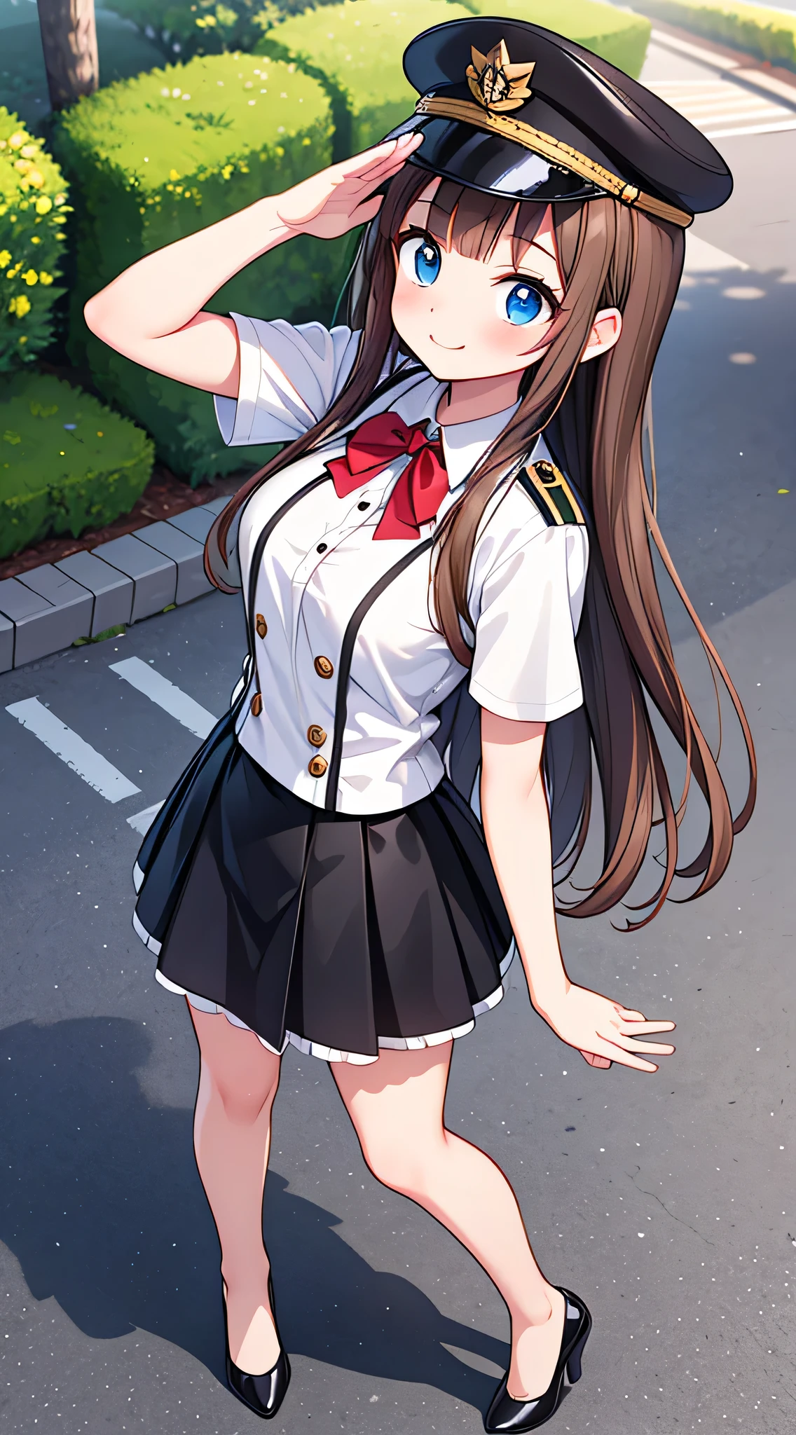 {Highest quality}, {Super beautiful},{Ultra fine},{Best illustration},Brown Hair,Hime cut,semi-long,Bangs,Standing Woman,Uniform cap,White Shirt,Short sleeve,Long black skirt,Night Park,Embarrassed,smilingly,Blushing,Slender women, A woman wearing plain black pumps,Bare feet and pumps,From an angle,From above,salute