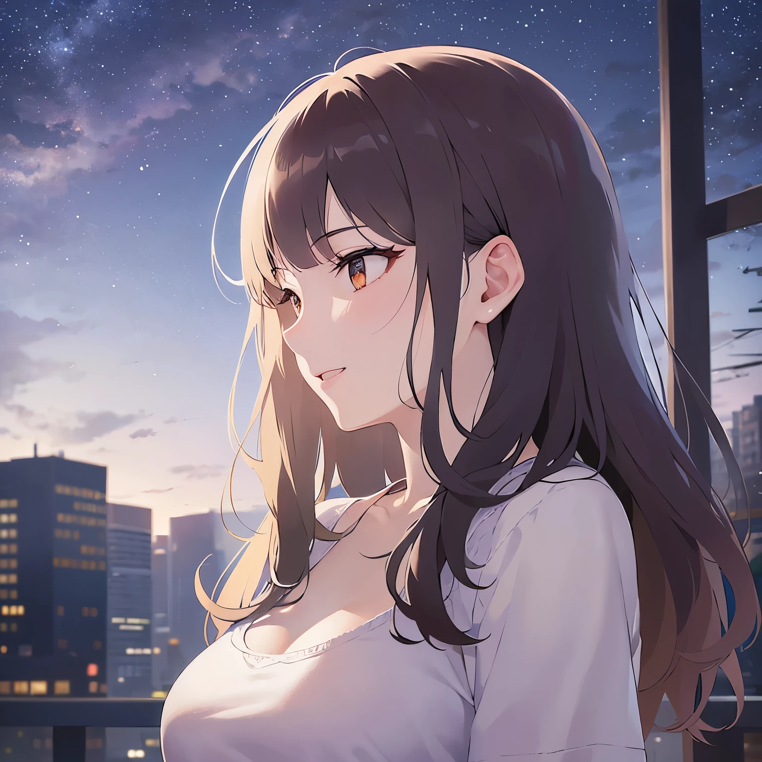 look far away,upper body,profile、
Realistic, real person, (pale skin: 1.2), RAW photo, photorealistic, shiny skin, shiny hair、
(A 25-year-old woman with bob hair and bangs) and (wavy hair) and (brown hair) and (Orange Eyes)、(white) and (T-Shirts)、(Cleavage:1.5)、
smile,Midnight in the Park、Night Sky