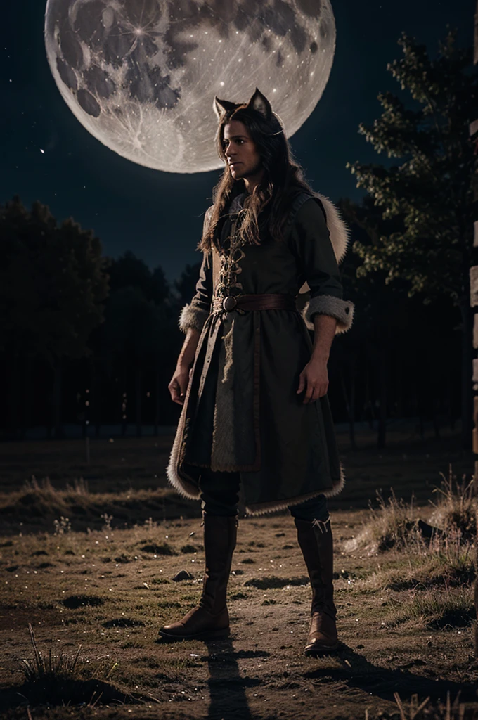 illustration for a fairy tale about a wolf, standing near the moon, who looks like a man