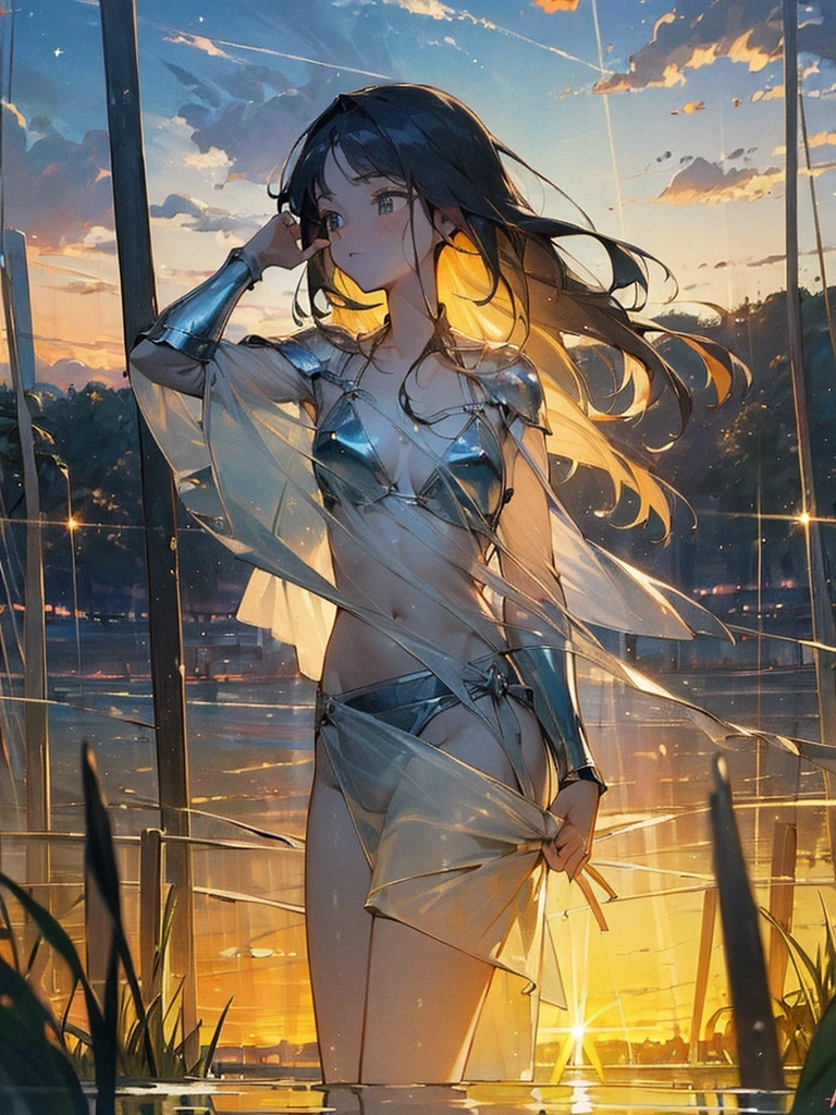 ((masterpiece, best quality:1.3)), High Definition, 8k wallpaper, Fantastic, galaxy, [1girl:1.2], Beautiful, Straight Hair, Hair blowing in the wind, The gesture of brushing back hair, Gazing into the distance, (See through Bikini Armor, No Clothes), light leaks, reflected in water under a sunset,