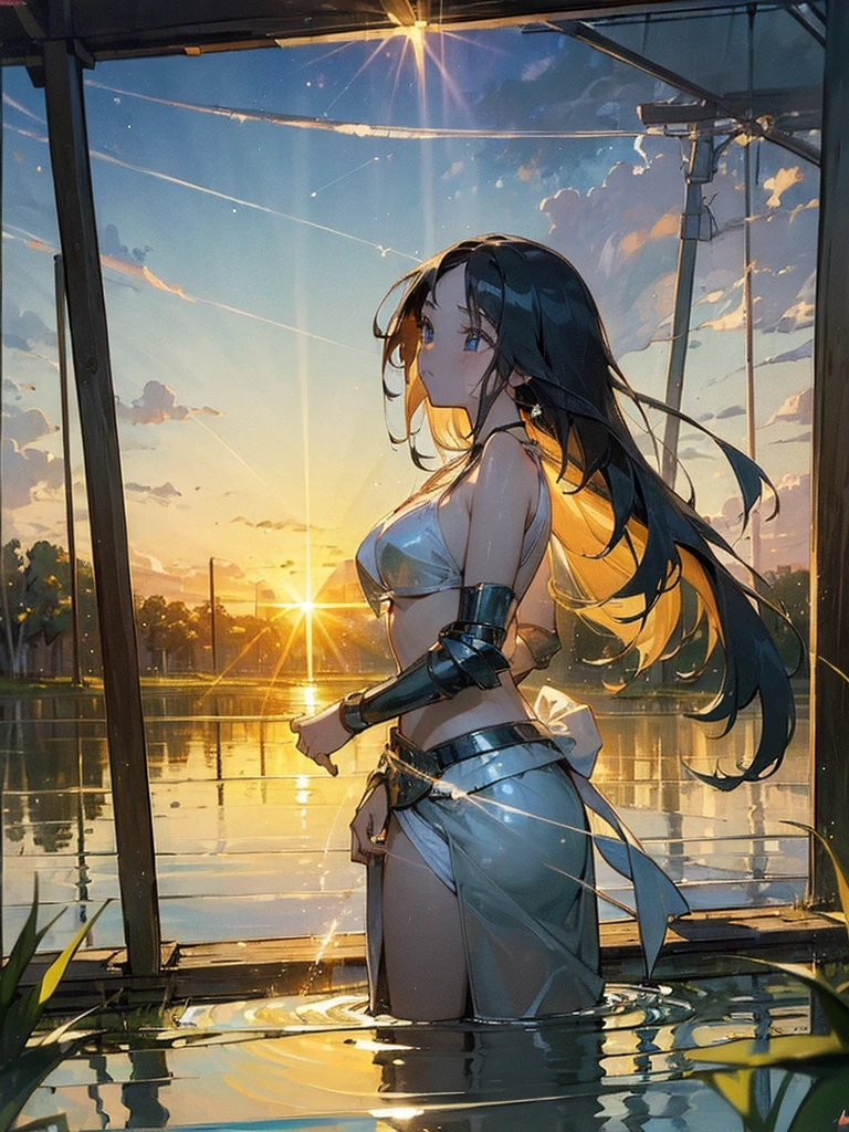 ((masterpiece, best quality:1.3)), High Definition, 8k wallpaper, Fantastic, galaxy, [1girl:1.2], Beautiful, Straight Hair, Hair blowing in the wind, The gesture of brushing back hair, Gazing into the distance, (See through Bikini Armor, No Clothes), light leaks, reflected in water under a sunset,