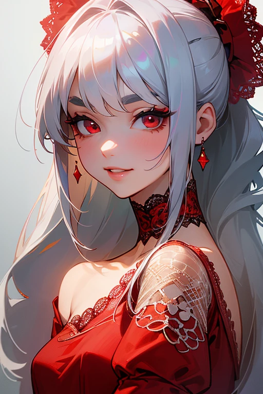 (Highest quality, masterpiece:1.2), (High resolution, 最高masterpiece).(difficult).Very detailed, Realistic:1.37, Fantasy, An illustration,Gray Hair、 Red eyes、Queen, White and blue dress、beautifully、Eyeshadow Red、Thick eyebrows、Long eyelashes、pupils are black、shiny on the lips、Top Sites、Queen、Princess、A kind smile、Show your teeth a little and smile、Soft impression、people々々々々Loved by、Slimming the face、Shoulder Bare、ponytail、Kissing Face、Long white hair、Shaggy Bangs、Save face image、((Red Lace Dress)).