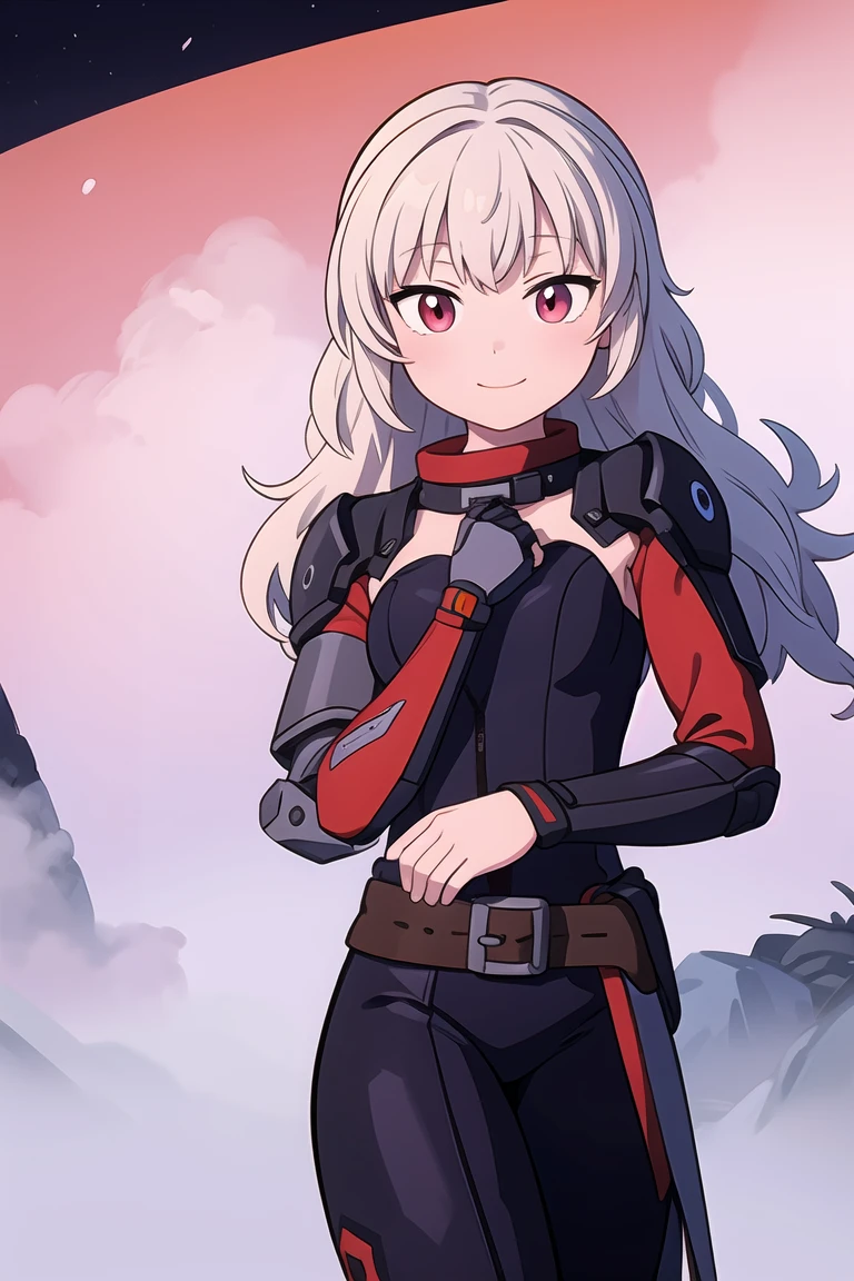 (masterpiece,best quality,ultra highres,ultra detail,novel illustration:1.4),1girl,cowboy shot,ard3nSW,nikkesw,Yang_RWBY,mechanical arm,single mechanical arm,prosthesis,white hair,red eyes,long hair,flat chest,smile