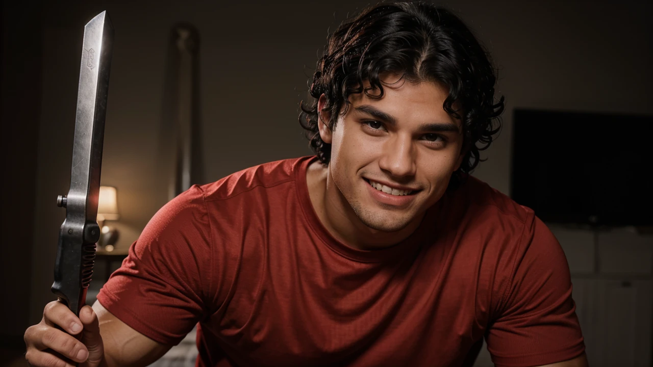 The picture is of a muscular young man with black curly hair, and has a very nice face and teeth, and has black eyes, and is wearing red clothes and holding a weapon.
