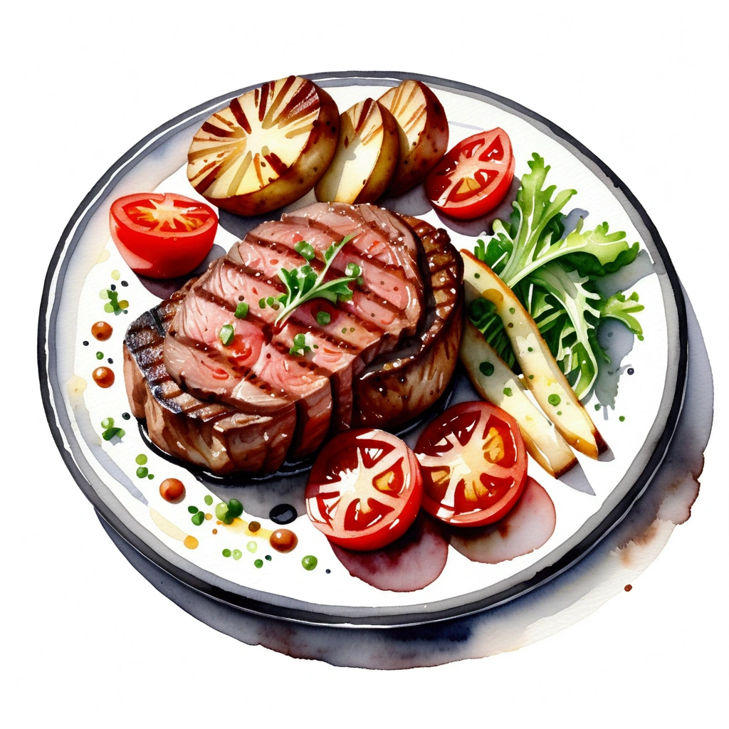 there is a delicious tenderloin steak and baked potatoes served on a hot black plate with slices of baked tomatoes and some green lettuce vegetables, illustration, isolated with solid white background, surrounded with negative space, centered compositon, 8k, highest detailed painting, very precise painting, Isolated, clear brilliant white background, perspective angle of view, cartoon style, ((watercolor)),