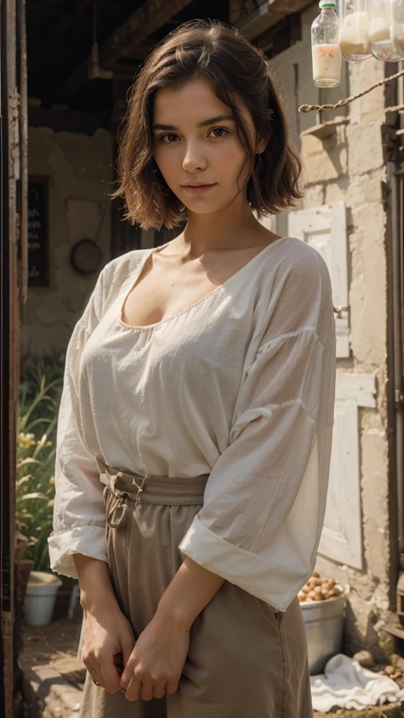 Beautiful sheep shepherd. Field. Sheep. Young and beautiful peasant girl. elegant. Bucolic. Carry a container of milk.