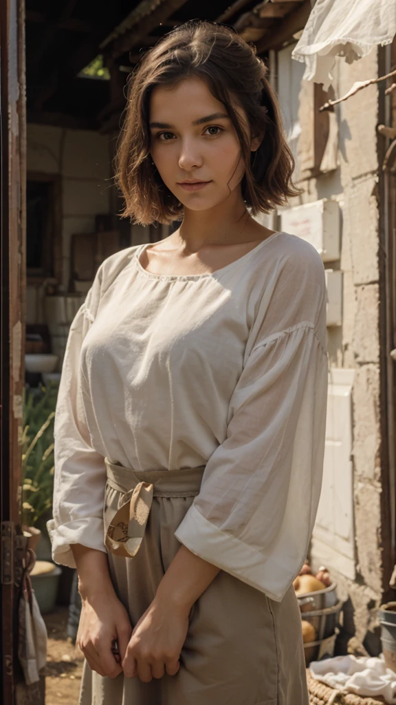 Beautiful sheep shepherd. Field. Sheep. Young and beautiful peasant girl. elegant. Bucolic. Carry a container of milk.