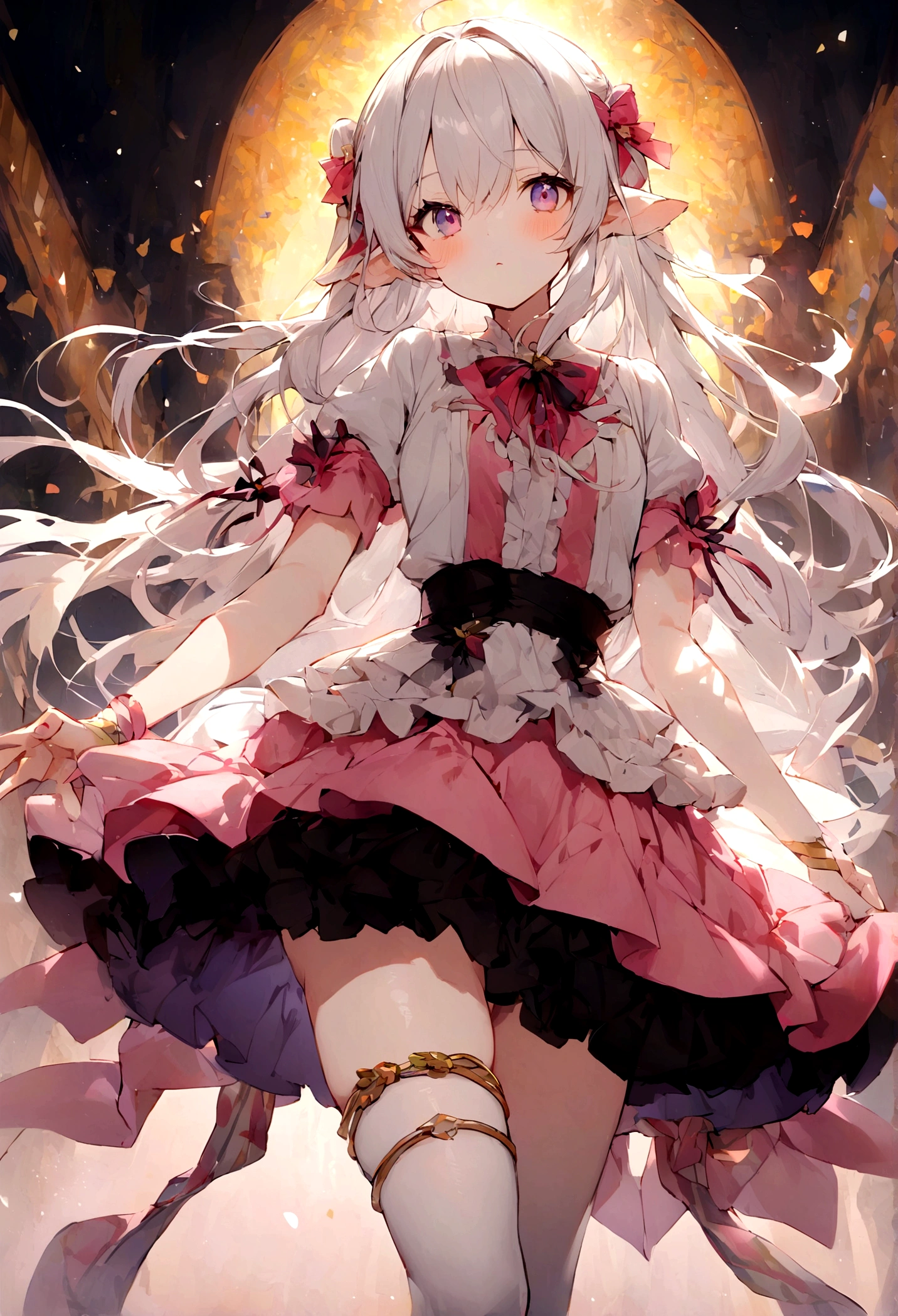 Name:Lucky Girl 16 Years Old 1.66m white hair long hair,Fa Ka is a word consisting of two sixes.,The pupil is a white square,Iris is a color gradient。The two ears are hung with small pendants, which are six-sided and six-shaped.。There are six small ribbons on the middle.。The clothes are white and pink kimono short skirt pink Gothic Lolita clothes,Black butterfly-shaped ribbon tied on the chest。The left length of the white silk stockings just reaches under the skirt,Rainbow leg ring on left leg。
Two skeletons。(