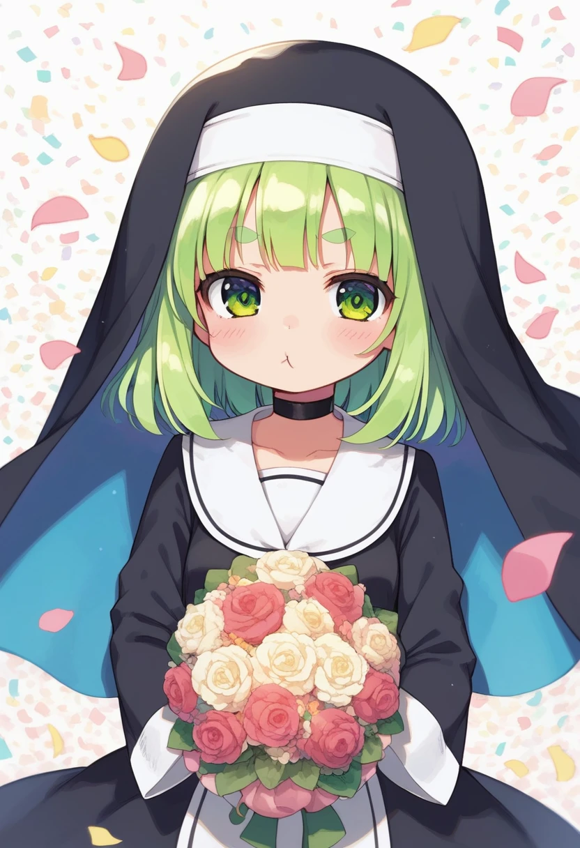 score_9, ,score_7_up, score_6_up, 1girl, source_cartoon, source_anime,breathtalking Scenery,watercolor,smooth soft skin, natural skin,mjm,Bfg
BREAK
(loli:1.4),(little female child:1.4), small breast,cute face, (loli toddler:1.1), 6 yo,kawaii, (highlight on eyes), (jiggly:0.8), shiny skin,beautiful eyes, detailed eyes, puffy eyes,
BREAK
(medium green hair:1.3),(green maro eyebrows:1.6),pouty and slightly grumpy,(pout:1.2), ::(, (jitome),(frown:0.6),white streaked hair, green eyes,
BREAK
(zigzag pattern nun dress), (pastel veil:1.2),choker,nun,excessive detailed collarbone,
flowerbackground,flowergarden,flower bouquet, (digits behind bouquet:1.3), (hands behind bouquet:1.3),falling petals,
(holding bouquet:1.1), celebration, Congratulations,confetti, bloom effect,dynamicangle,pastelcolor,upturned eyes,