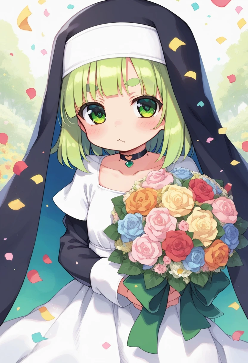 score_9, ,score_7_up, score_6_up, 1girl, source_cartoon, source_anime,breathtalking Scenery,watercolor,smooth soft skin, natural skin,mjm,Bfg
BREAK
(loli:1.4),(little female child:1.4), small breast,cute face, (loli toddler:1.1), 6 yo,kawaii, (highlight on eyes), (jiggly:0.8), shiny skin,beautiful eyes, detailed eyes, puffy eyes,
BREAK
(medium green hair:1.3),(green maro eyebrows:1.6),pouty and slightly grumpy,(pout:1.2), ::(, (jitome),(frown:0.6),white streaked hair, green eyes,
BREAK
(zigzag pattern nun dress), (pastel veil:1.2),choker,nun,excessive detailed collarbone,
flowerbackground,flowergarden,flower bouquet, (digits behind bouquet:1.3), (hands behind bouquet:1.3),falling petals,
(holding bouquet:1.1), celebration, Congratulations,confetti, bloom effect,dynamicangle,pastelcolor,upturned eyes,