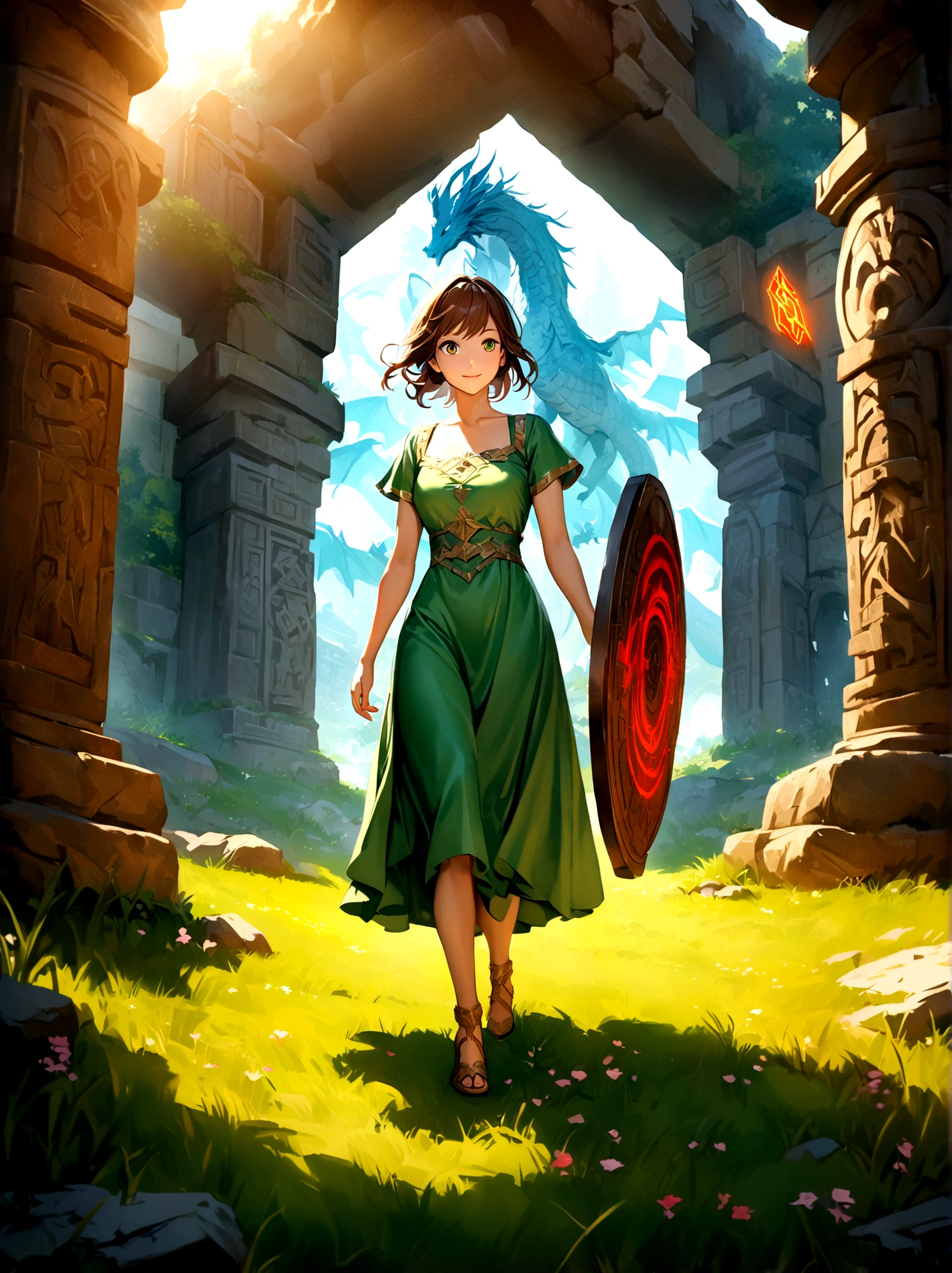 Adventurer princess, (green dress:1.2), short brown hair, big eyes, smiling, holding sword and shield, ancient temple, mysterious maze, mysterious runes, old stone tablet, green grass, (flowers:1.1), magical elements, flying dragon, mysterious creatures, charming scenery, dynamic battle, dreamy atmosphere, outdoor, rich colors, epic scene, fine and delicate light and shadow, evening, sunny, full body, from above, nice hands, perfect hands, 8k, Best quality, photorealistic