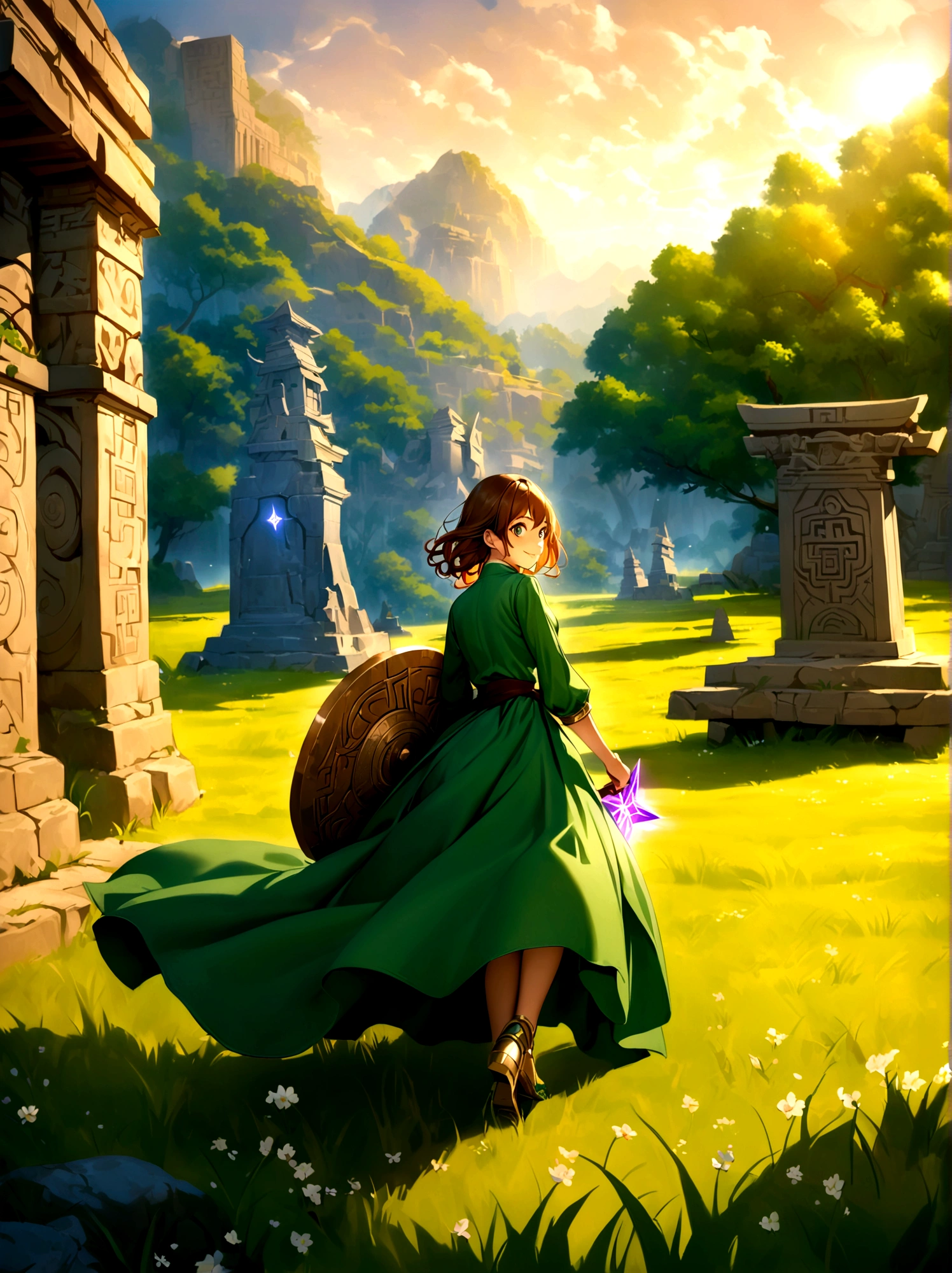 Adventurer princess, (green dress:1.2), short brown hair, big eyes, smiling, holding sword and shield, ancient temple, mysterious maze, mysterious runes, old stone tablet, green grass, (flowers:1.1), magical elements, flying dragon, mysterious creatures, charming scenery, dynamic battle, dreamy atmosphere, outdoor, rich colors, epic scene, fine and delicate light and shadow, evening, sunny, full body, from above, nice hands, perfect hands, 8k, Best quality, photorealistic