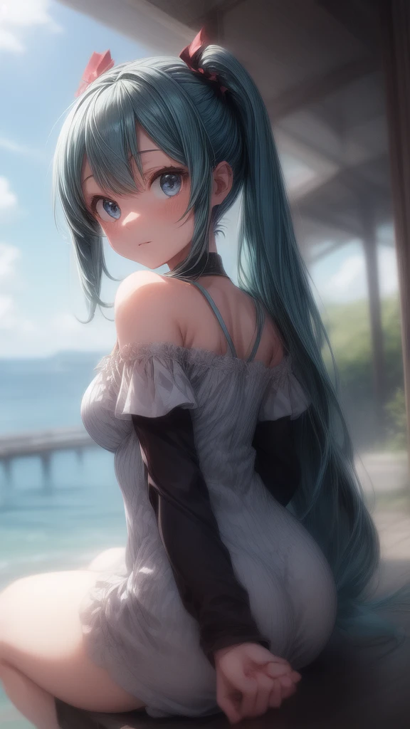 The background is in the style of Makoto Shinkai, with the viewer sitting in nature under a clear blue sky.。
Hatsune Miku in a shoulder-baring dress。
The color of the dress is white。
A sexy, mature atmosphere reminiscent of Minato Ward girls。
Hair is straight。