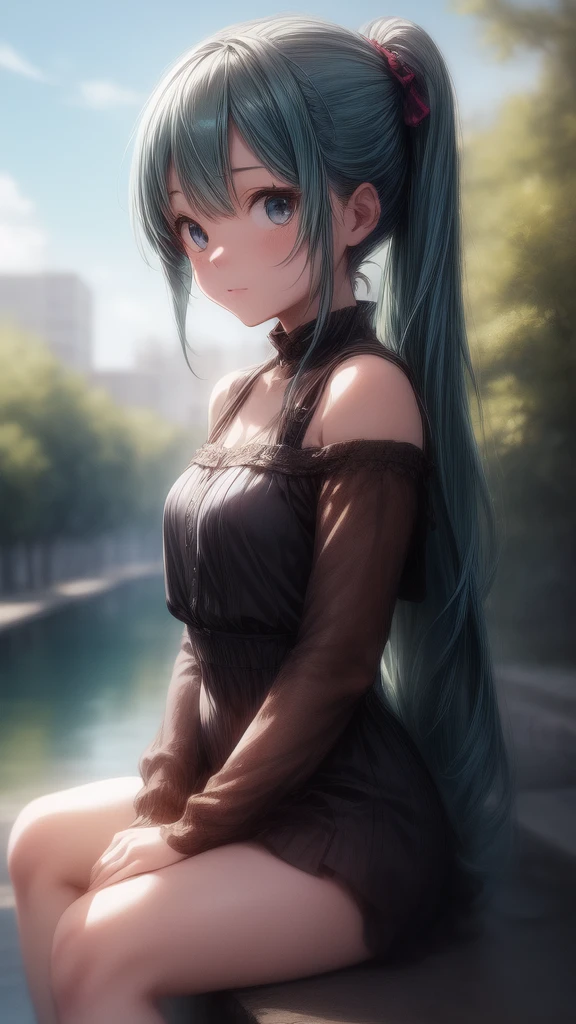 Hatsune Miku wearing a white one-piece dress with an off-the-shoulder look, sitting in nature with a blue sky in the background, in the style of Makoto Shinkai。