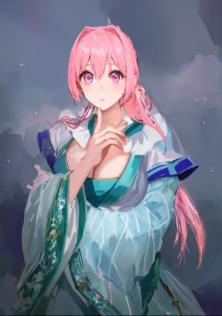 Pink Hair、Anime girl in blue dress poses for photo, Pink ponytail hair and pink eyes, Produced in collaboration with Anime Painter Studio, In the anime painter studio, Portrait of the Knights of the Zodiac, Sonison,超级Sonison,Celluloid