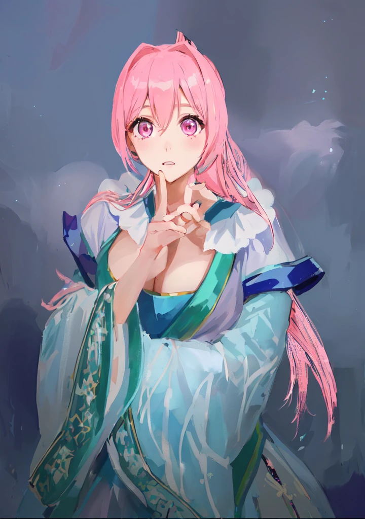 Pink Hair、Anime girl in blue dress poses for photo, Pink ponytail hair and pink eyes, Produced in collaboration with Anime Painter Studio, In the anime painter studio, Portrait of the Knights of the Zodiac,  Sonison，超级Sonison，Celluloid