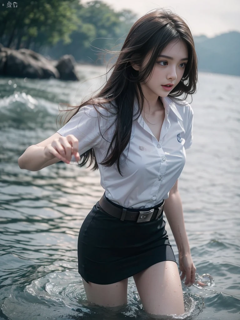 18s woman in thai university uniform, very beautiful, pretty, wet long straight hair, white wet plain short-sleeve button up shirt:1.4, black wet bra:1.3, black wet tight mini skirt:1.2, brown belt, masterpiece:1.2, high detail, realistic, cinematic scene, slim and perfect figure, perfect body proportions, 16k, portrait photo, dynamic pose, dynamic compositions, water, surrounded by heavy water:1.2, motion blur, long exposure, at sea shore, martial arts, blue light tone, water magic, (water element:1.2), water goddess, xuer martial arts, insane detailed on face, close up, water droplets on the skin:1.2, water drips all over her body:1.2, water droplet on her face:1.2, wet body:1.2, selective focus, shallow sea, opaque shirt:1.4