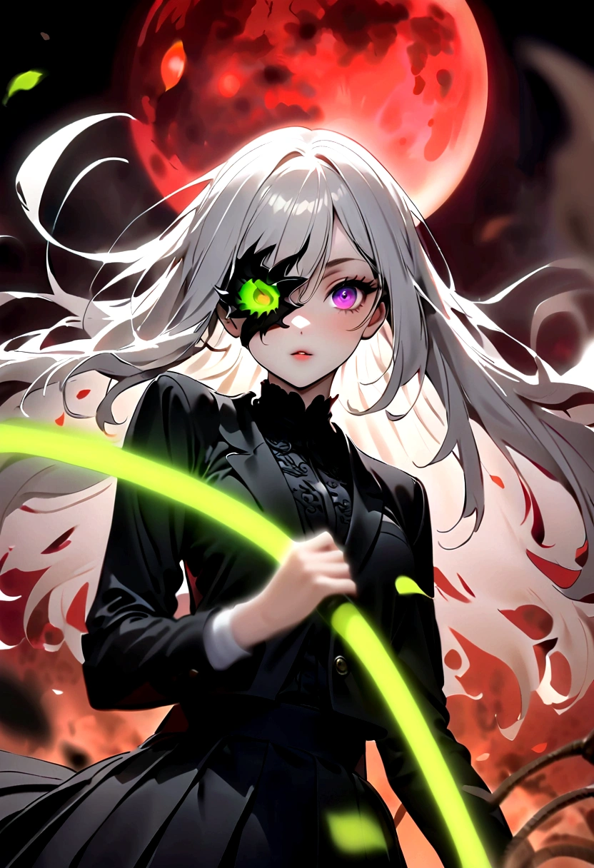 Japanese Anime，1 girl swinging a whip，Silver long hair，White flowers on eyes，Fire  butterflys，Anime style，(((White spots on eyes：1.37)))，(((Black pleated skirt，)))，Elegant Posture、Red Moon、dark purple tones，Elegant and atmospheric。，(((Fluorescent green whip：1.37。Motion blurred，)))，Petals in the sky，Blurred foreground，Face Focus