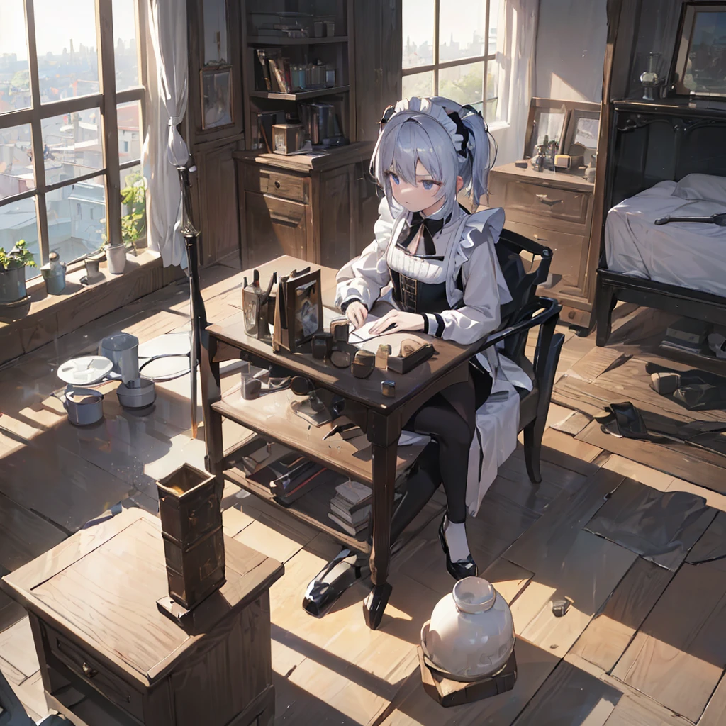 Illustration of one person, Dengeki Bunko, Woman Looking Back, Perfect Human Medicine, Woman keeps falling, {{{{{Maid clothes}}}}},Small Tits,anime, Two legs, Cool,{{{{{50 year old woman}}}}} ,{{{{{a person is depicted}}}}},(Official Art、{{{{{Upper Bodyアングル}}}}},Highest quality、Unity 8k wallpaper、32k、masterpiece、Ultra-detailed、Ultra-high resolution, Realistic、Grab your hair with your hands, Photorealistic:1.2)、(Cinema Lighting:1.2)、,Fire Glow Effect、The most grainy shadows on the film、Rim Light、Side light、Side Shot、(Ultra-detailedで複雑な3Dレンダリング)、Very short hair, Short wolf hair,細部までBeautiful Faceと目、Sharp pupils、Realistic生徒、Slender、Highly detailed background、Beautiful Face、Beautiful girl、(Ultra-detailedなスキン、Detailed skin texture:1.Silver Hair:1.3)、Blunt bangs、blue eyes、{{{{{黒いMaid clothes}}}}}、White apron costume、Black knee socks、(Thighs Thighs Thighs Thighs:0.8)、Black Bhutanese sticks and a beautiful sunset、Medieval castle、Dancing on the Tower Roof、(avert your eyes、Overlooking the city:1.3)、Fantastic、Close your mouth and bite, Makes your face smaller, (Tabletop), Highest quality, Perfect Face, 1 Girl, alone, Eye color is light blue, Hair between the eyes, Very Short Hair, blue eyes, Silver Hair, Knee-high boots, corset,Black gloves, Long sleeve, Upper Body,