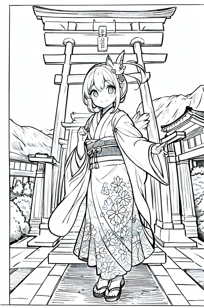 As a coloring book, the color should be black and white, the border should be simple, clear, and bold. A cheerful Asian girl with bright eyes and a mischievous smile is playfully posing in front of the iconic [Fushimi Inari-taisha Shrine] in Kyoto, Japan. She is dressed in a vibrant [kimono with fox pattern], the bold orange and white colors complementing the vermilion torii gates that line the path. The girl's hands are clasped in a playful gesture, and her hair is adorned with a traditional [kanzashi hair ornament].