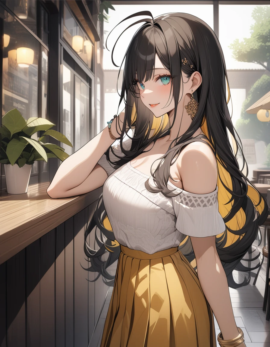 (Highest quality:1.2, three-dimensional, High Detail, masterpiece:1.2, Best aesthetics), (1 girl), Beautiful woman, Beautiful detailed eyes, Beautiful detailed lips, Highly detailed face, Delicate depiction of hair and eyes, Detailed Fashion, (detailed background:1.2) ((Portraiture, Cowboy Shot)), Aqua Eye, huge ahoge, Mouth open, Earrings, View your viewers, breasts, upper body, full body from knees to head, gaze away, gaze into the distance, smile lightly, fancy nails, in Sibuya city, in the cafe, bracelet, long hair, yellow color inner hair, dark hair, white off-shoulder knit, pleated skirt, standing
